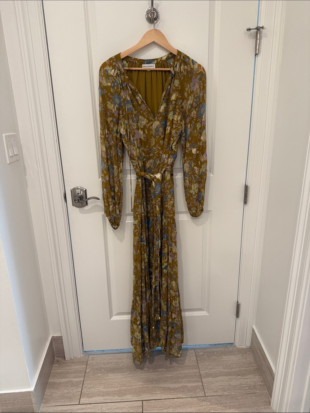 Karina Grimaldi Olive Floral Wrap Maxi Dress with Blue and Cream Accents